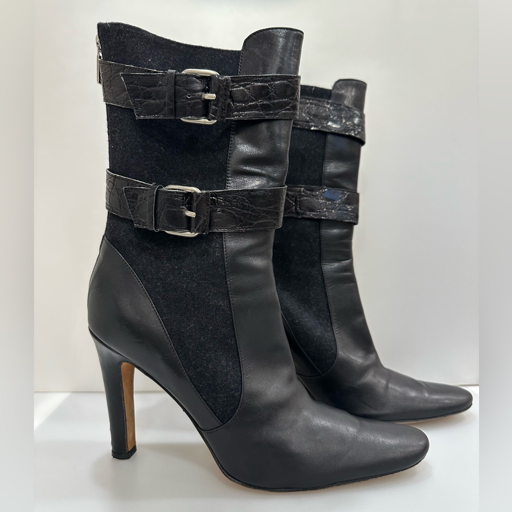 Tania Spinelli Black Leather And Wool Buckle Boots Made In Italy